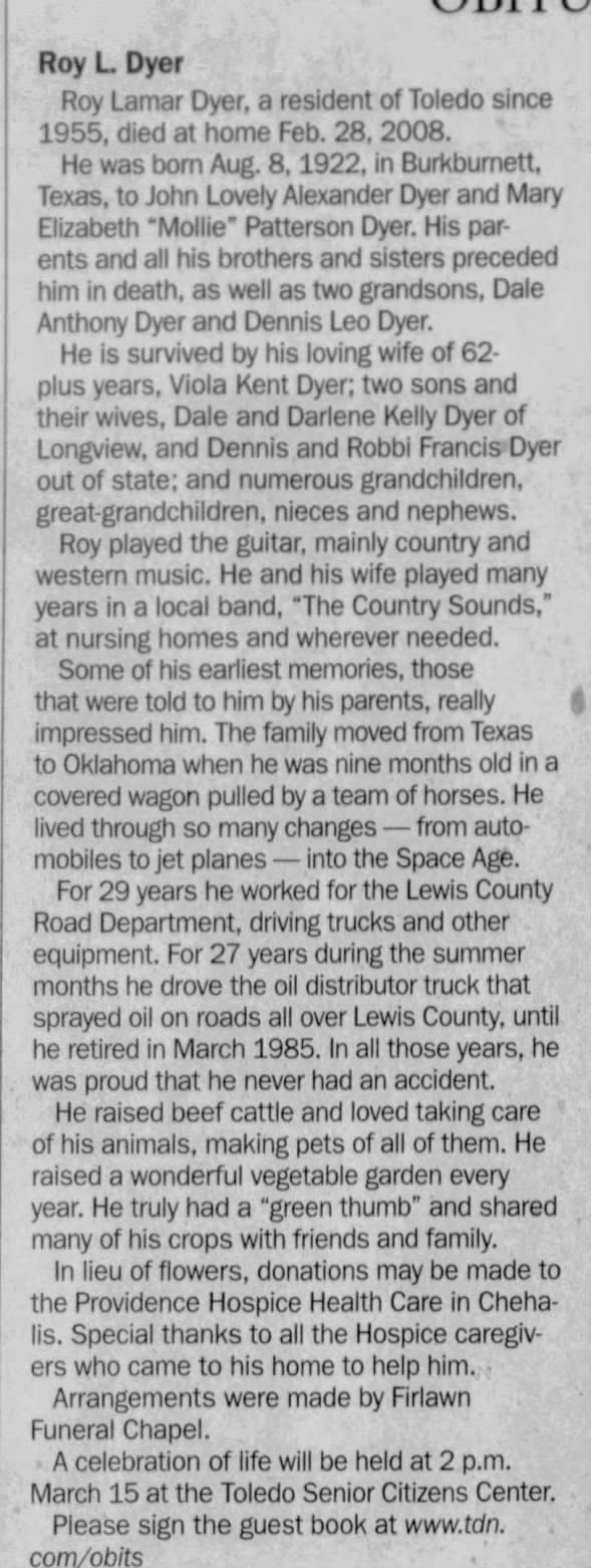 Obituary for Roy Lamar Dyer, 1922-2008